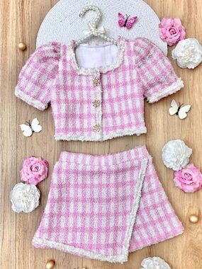 Girls Pink & White Gingham Tweed Matching Set